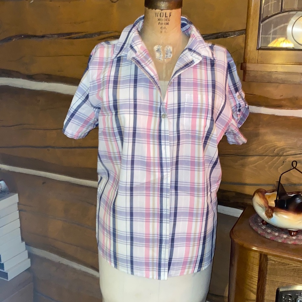 Lee Riders plaid shirt Women's XL Camp Shirt short sleeve button up pink purple
